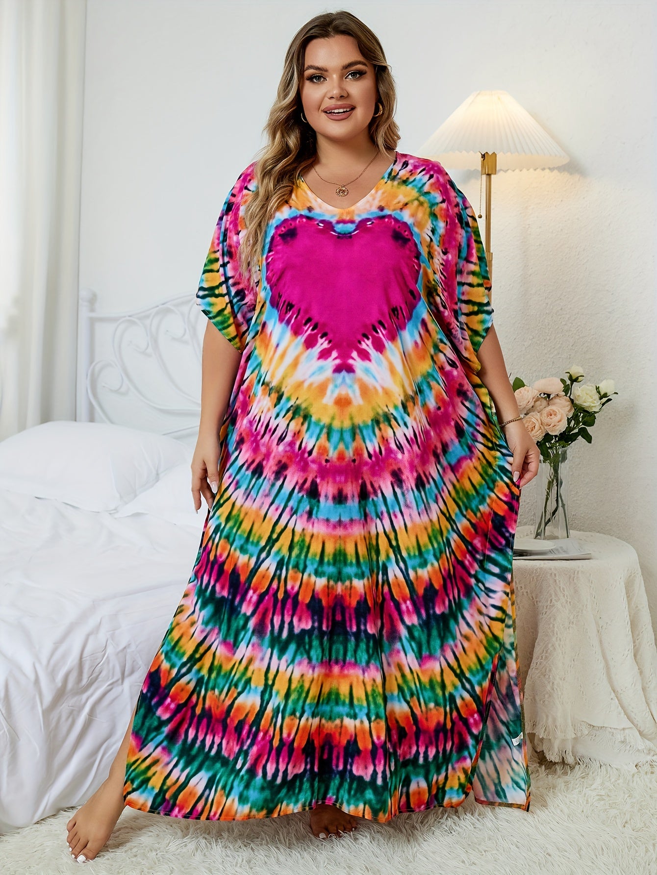 Boho Cover Up Women's Plus Tie Dye Print Split Maxi Beach Cover Up