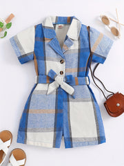 Girls Plaid Jumpsuit Button Short Sleeve Bow Belt Summer Outfit