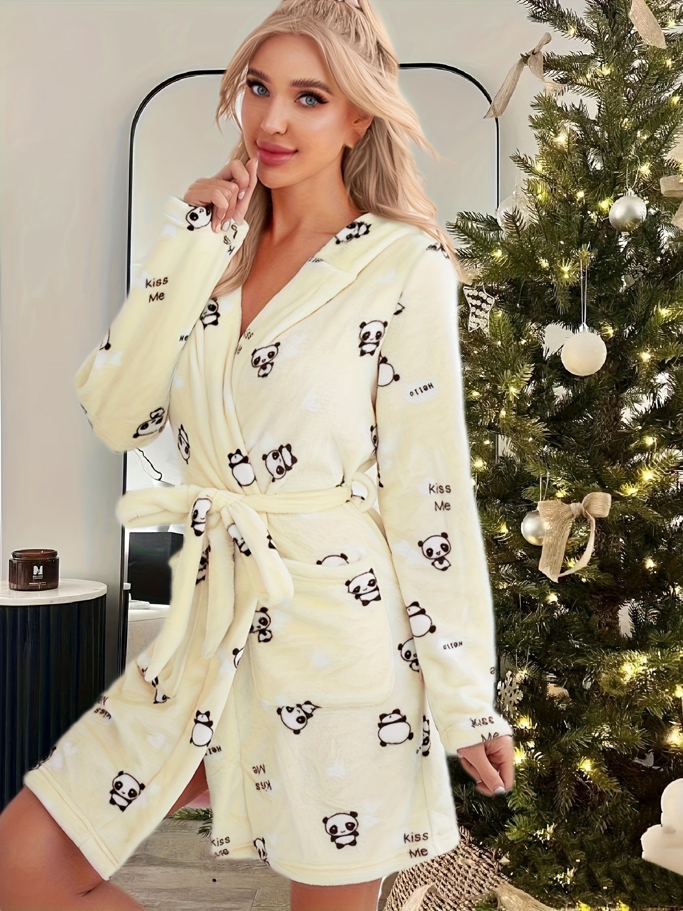 Panda Print Lounge Robe Hooded Fuzzy Home Robe Women's Loungewear