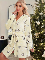Panda Print Lounge Robe Hooded Fuzzy Home Robe Women's Loungewear