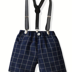 Boys Plaid Suspender Shorts Preppy Style