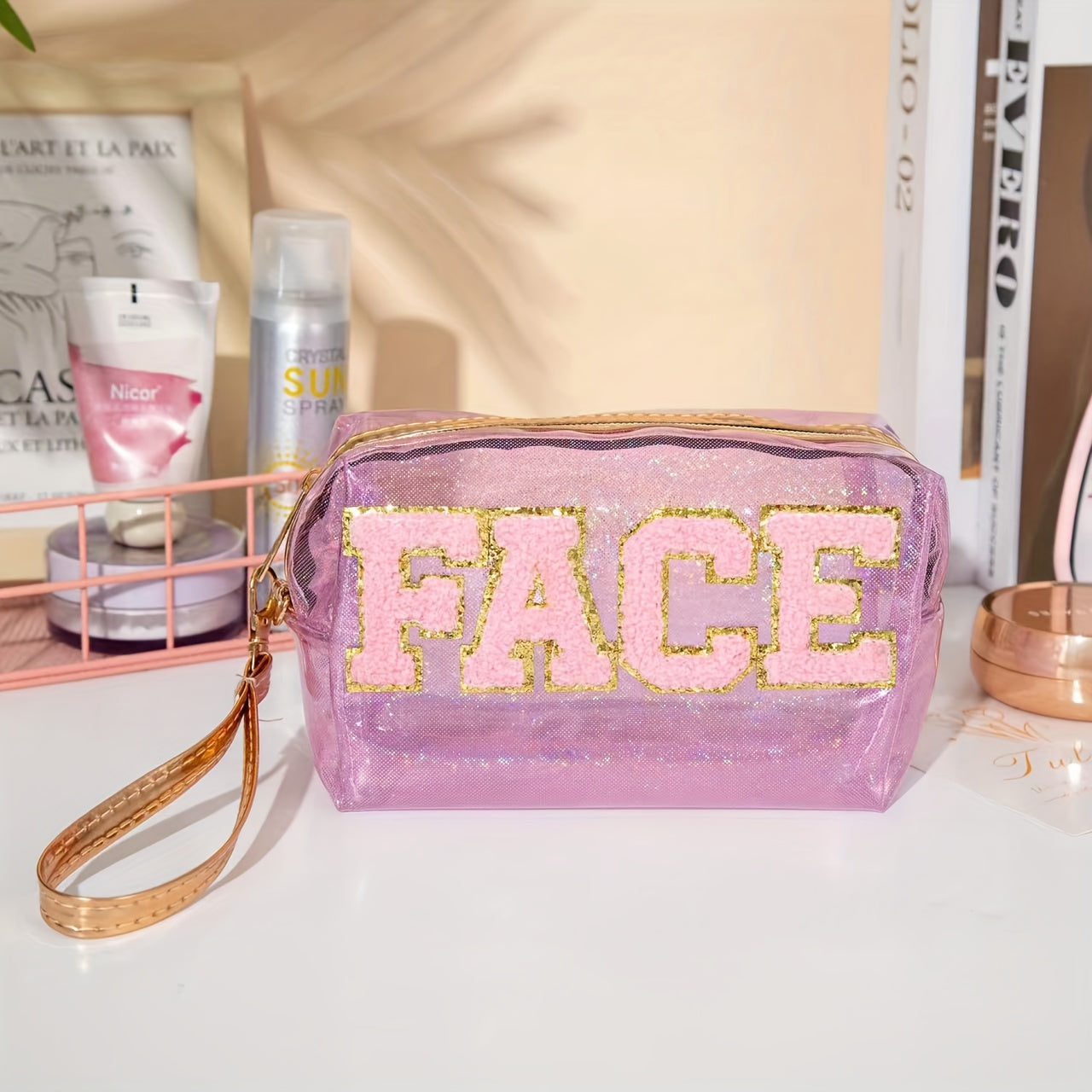 Preppy Makeup Bag Organizer With Embroidery Letter Patch