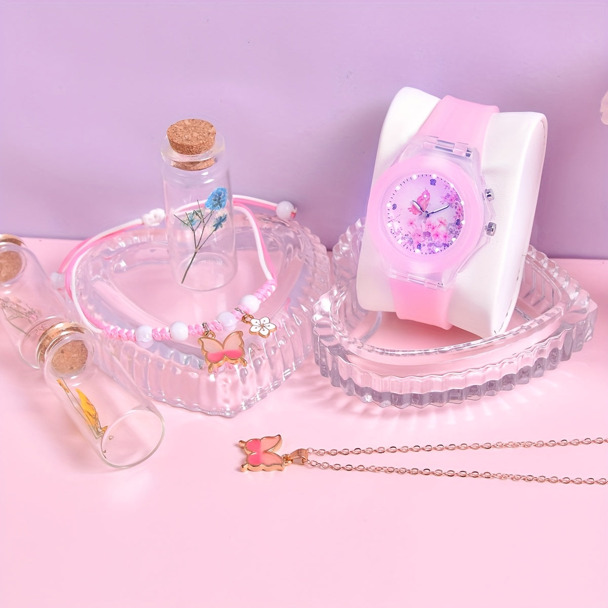 Butterfly LED Watch Set for Girls with Bracelet & Necklace