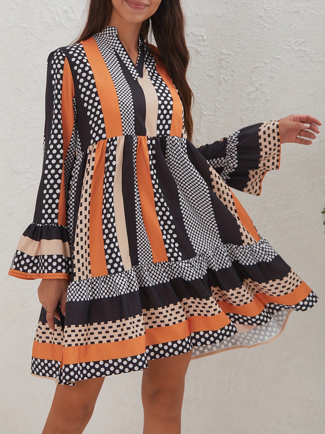 Polka Dot & Stripe Print Dress V Neck Long Sleeve Women's Clothing