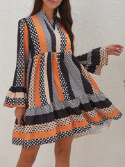 Polka Dot & Stripe Print Dress V Neck Long Sleeve Women's Clothing