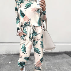 Tropical Print Top & Drawstring Pants Set