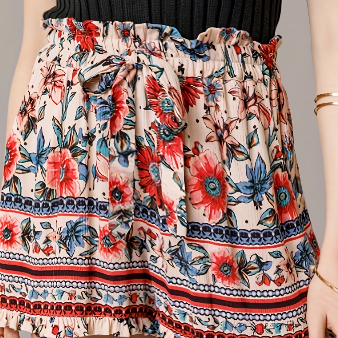 Boho Shorts Women's Plus Floral Print High Rise Waist Band