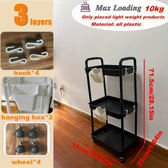 3-Layer Plastic Shelf Storage Rack with Hanging Box and Hooks