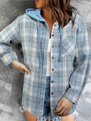 Plaid Print Hooded Jacket Button Front Outerwear Spring & Fall