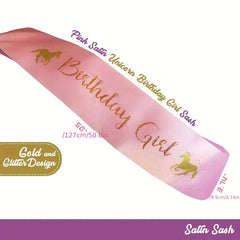 Girl's Unicorn Birthday Set: Glitter Unicorn Headband & Pink Satin Sash