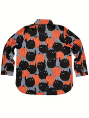 Halloween Blouse Women's Cat & Pumpkin Print Button Up