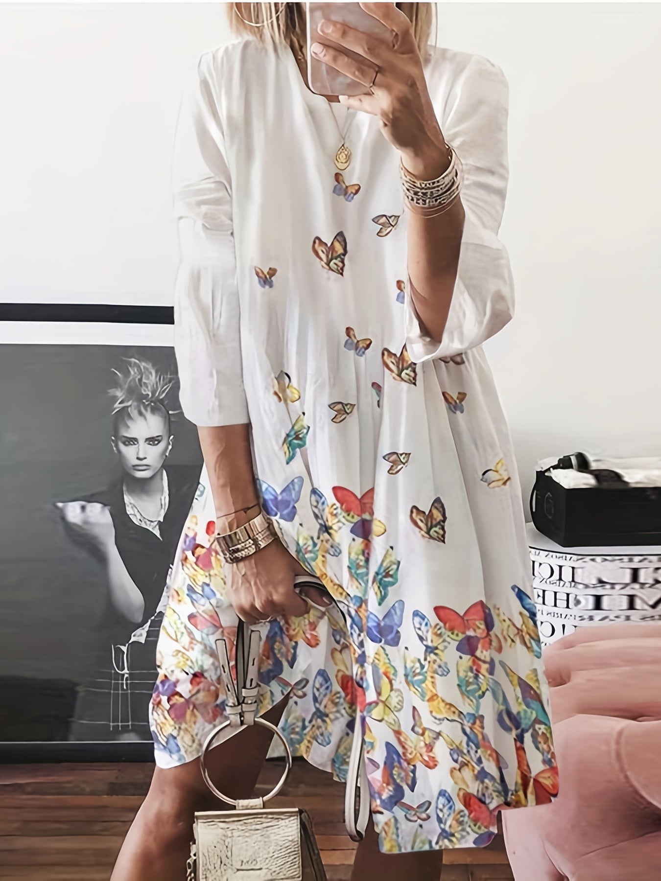 Casual Butterfly Print Long Sleeve Stretch Dress