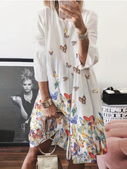 Casual Butterfly Print Long Sleeve Stretch Dress