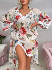 Floral Print Mesh Lingerie Set with Long Sleeve Robe & Lace V Neck Slip Dress