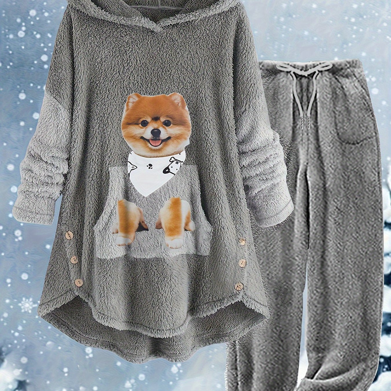 Dog Print Fleece Hoodie & Pants Set