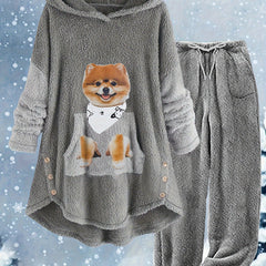 Dog Print Fleece Hoodie & Pants Set