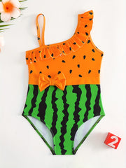 Toddler Girls Watermelon Asymmetrical Neck One Piece Swimsuit