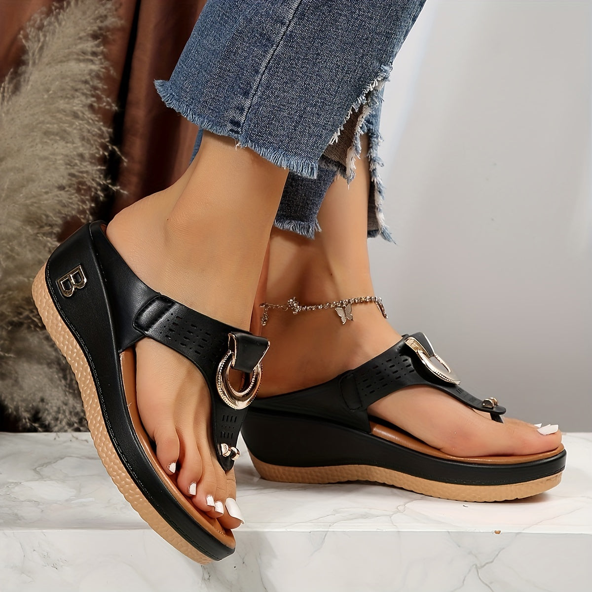 Women's Wedge Thong Sandals Soft Sole Arch Support Outdoor Slide Shoes