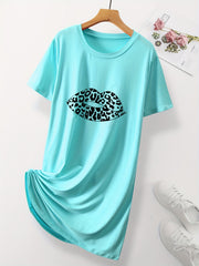 Women's Casual Nightdress Leopard Lip Print Short Sleeve Nightgown