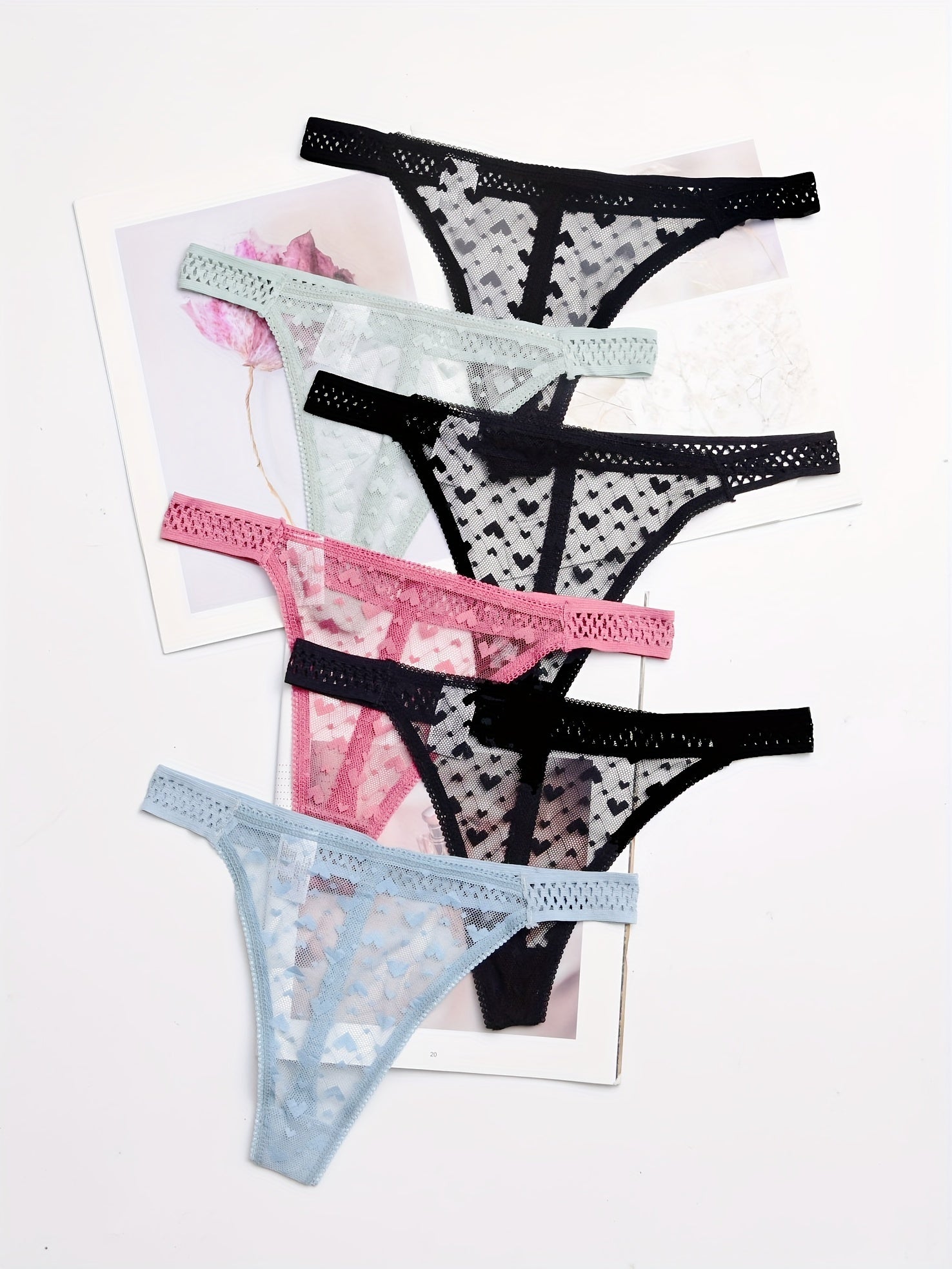 6pcs Heart Print Mesh Thongs Women's Lingerie & Underwear