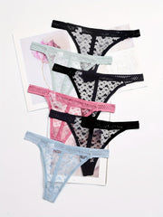 6pcs Heart Print Mesh Thongs Women's Lingerie & Underwear
