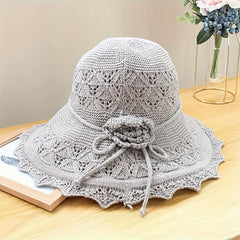 Gray Knitted Flower Sun Hat Hollow Breathable Foldable Bucket Hat UV Protection