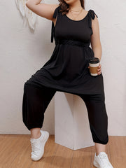 Casual Jumpsuit Women's Plus Solid Round Neck Tie Shoulder