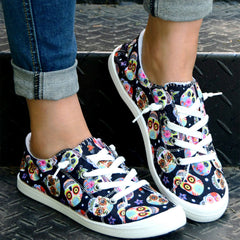 Women's Skull Pattern Canvas Shoes Low Top Lace Up Round Toe Flat Casual Shoes