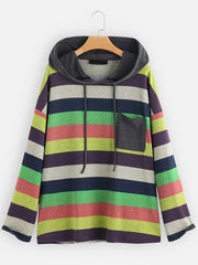 Block Striped Pocket Hoodie Long Sleeve Drawstring Hoodies Sweatshirt