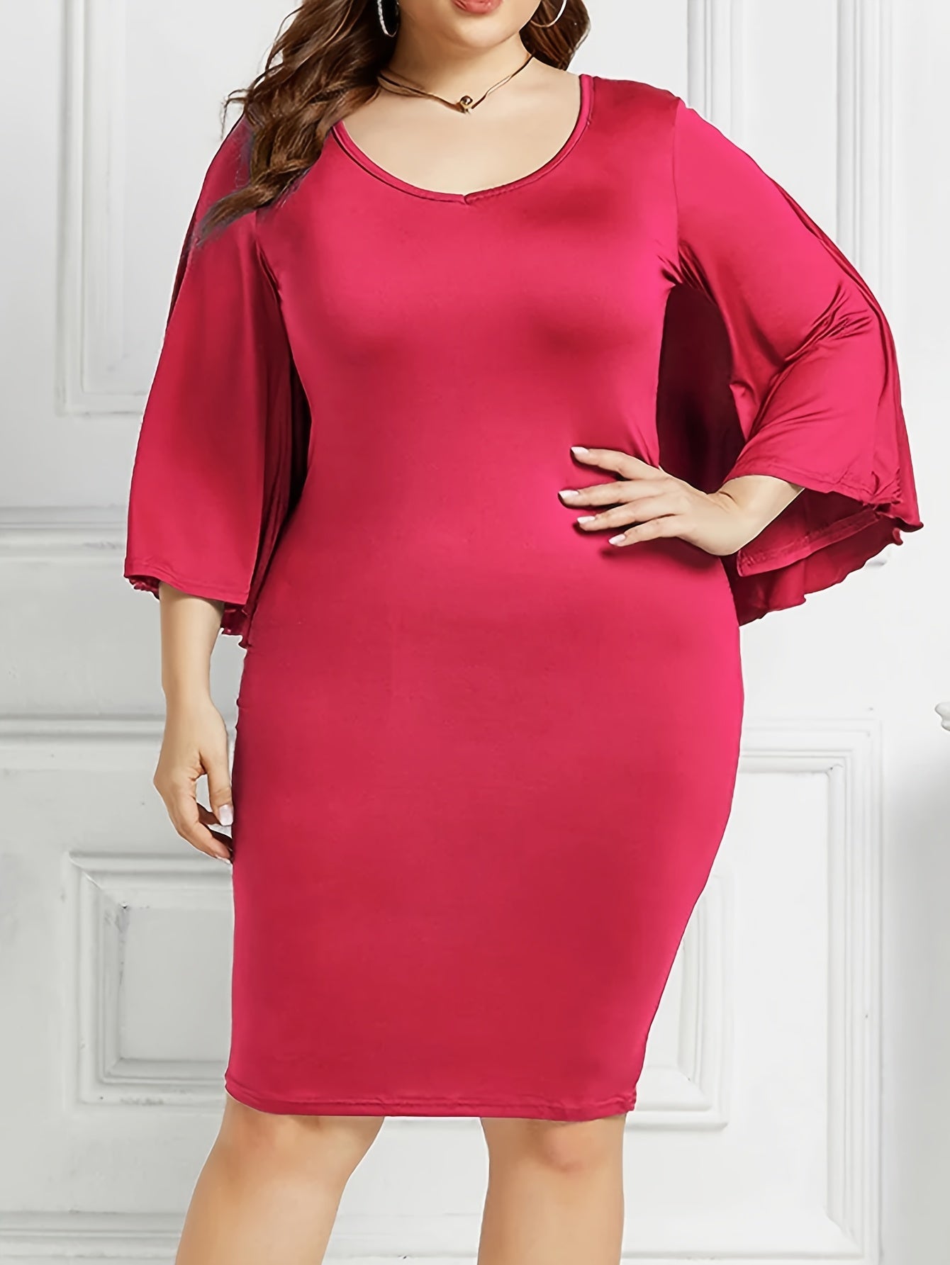 Sexy Dress Solid Layered Batwing Sleeve Bodycon Midi Dress