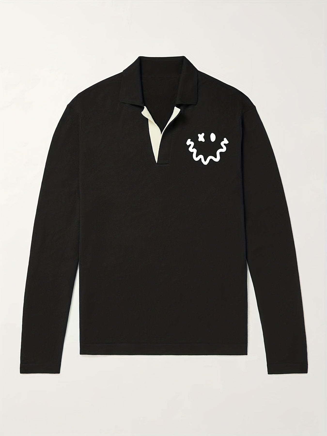 Cartoon Smile Face Pattern Knit Polo Shirt Men's Casual V Neck Pullover Sweater