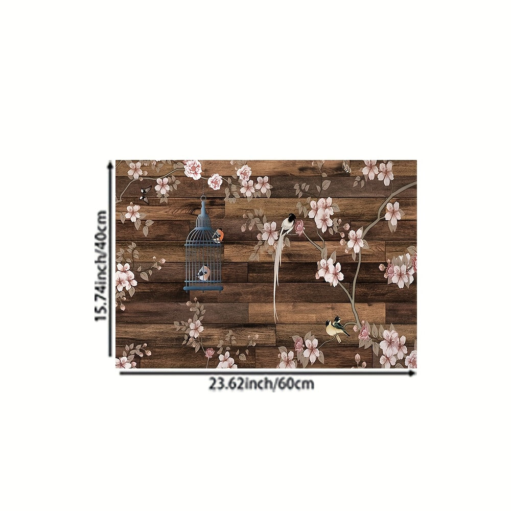 Wooden Striped Area Rug Flower And Bird Pattern Carpet Machine Washable