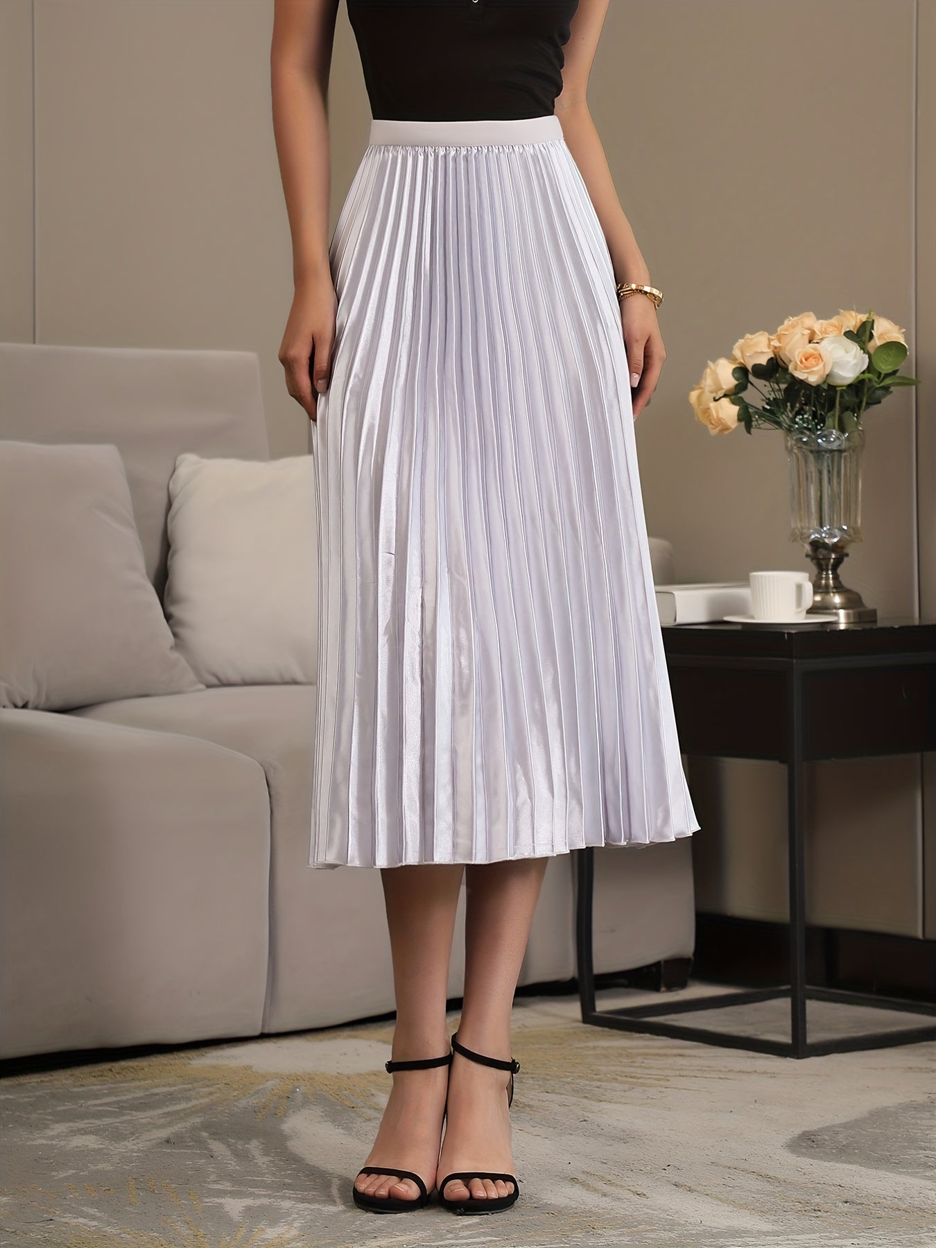 Solid Pleated A-Line Skirt with Slim Waist