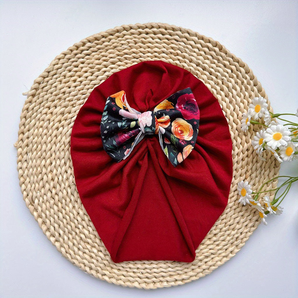Soft Elastic Strip Flower Baby Hat With Bow For Girl