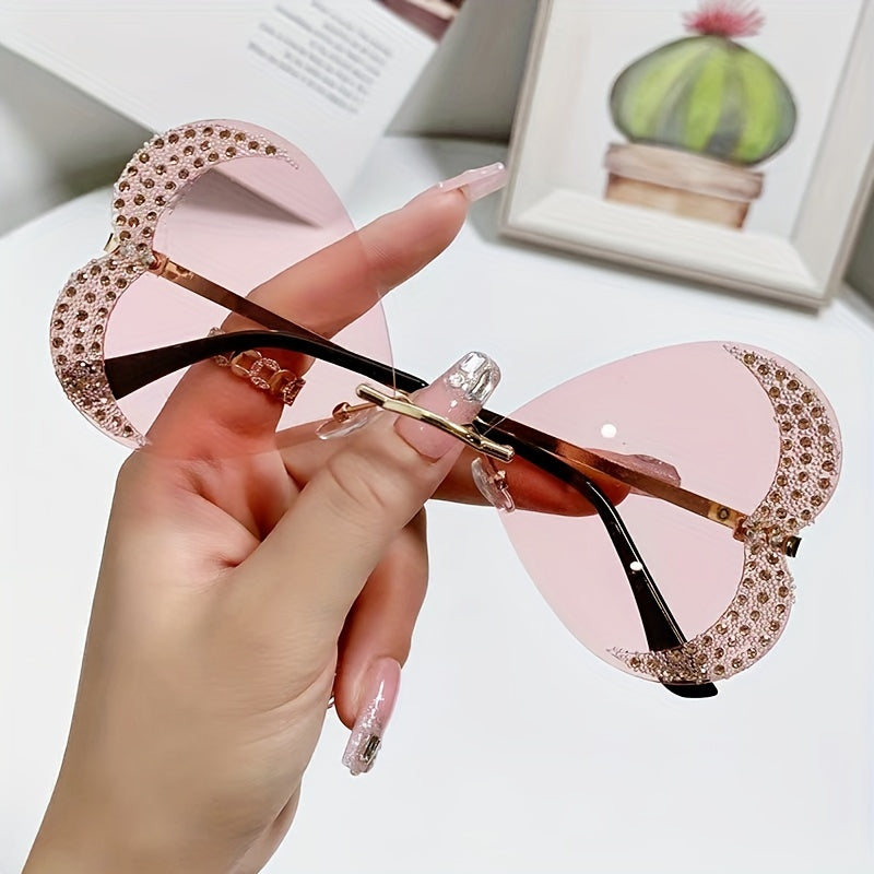 Girl's Love Shape Rimless Sunglasses with Rhinestone Y2K Ocean Lens
