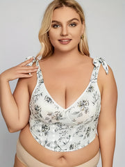 Floral Print Plus Size Sexy Bra Tie Shoulder Strap Plunge Bustier Cami Corset