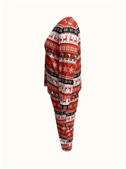 Christmas Casual Loungewear Set with Elk & Snowflake Print Tee & Pants