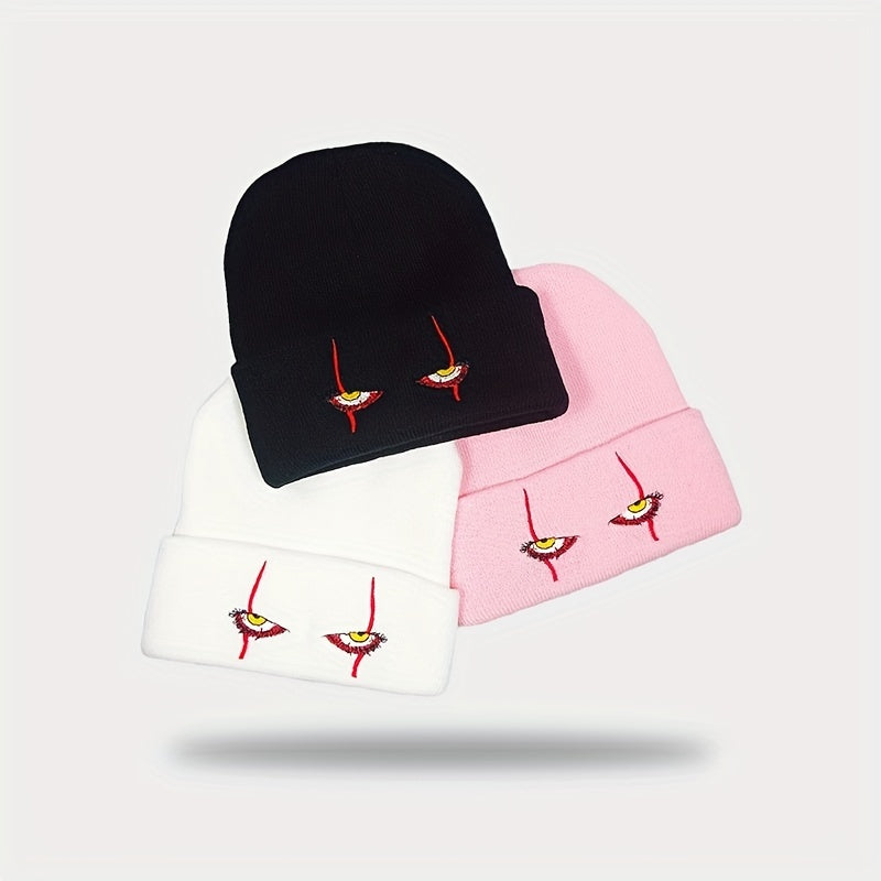 Scary Eyes Embroidery Beanie Horror Elastic Knit Hat Hip Hop