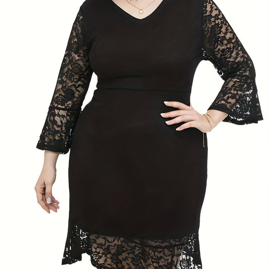 Lace Bell Sleeve V Neck Bodycon Dress