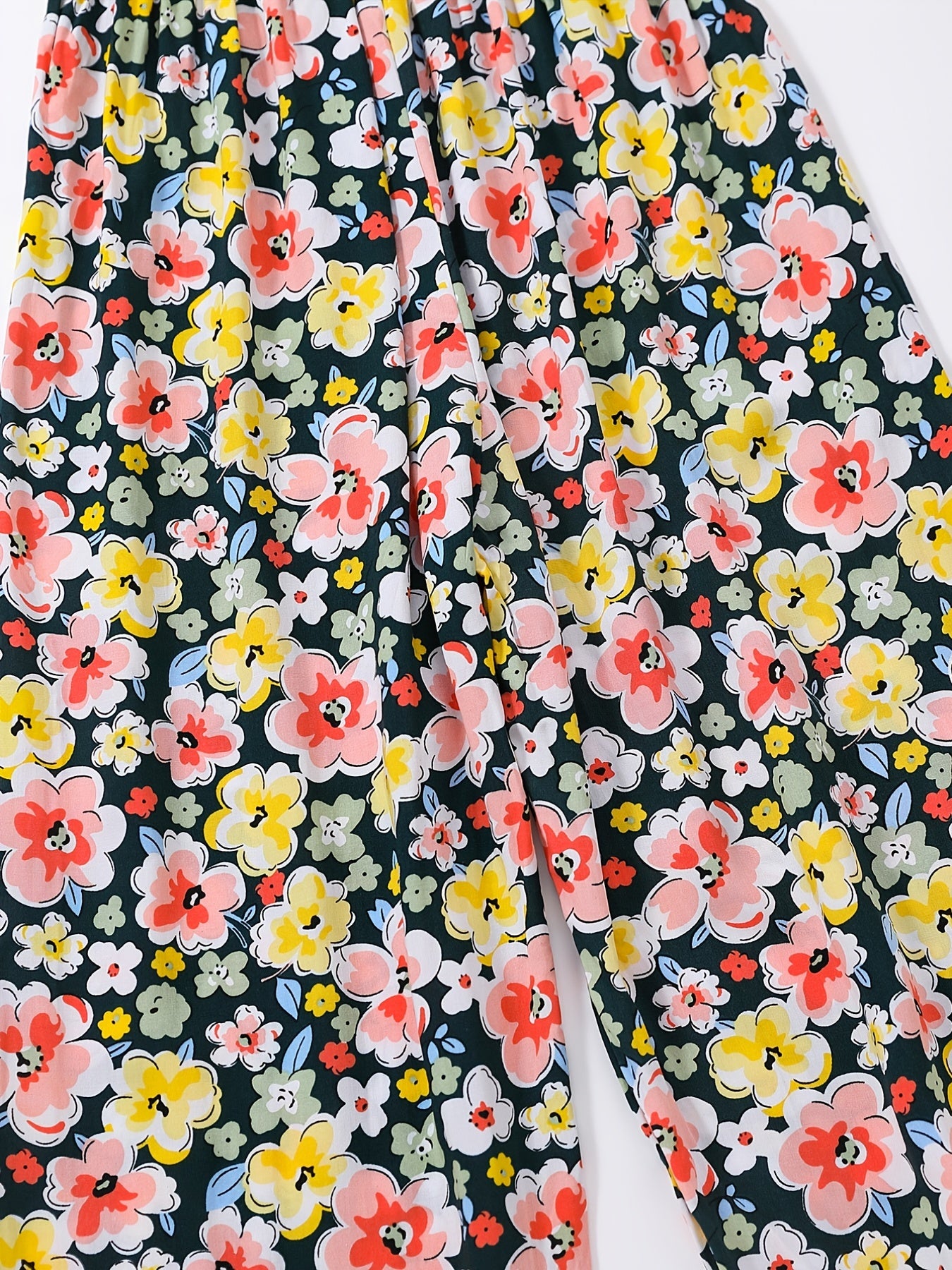 Flower Print Ruffle Trim Lantern Pants High Waist