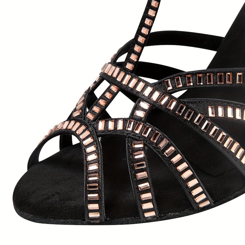 Women's Rhinestone Latin Peep Toe T-Strap Dance Sandals