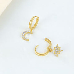 Star & Moon Drop Earrings, Golden Jewelry