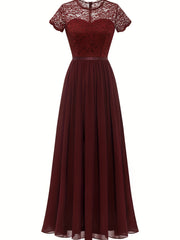 Contrast Mesh Pleated Dress Short Sleeve Crew Neck