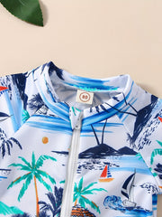 Baby Girls Coconut Tree Print Swimsuit Short Sleeve Kids Beach Jumpsuit