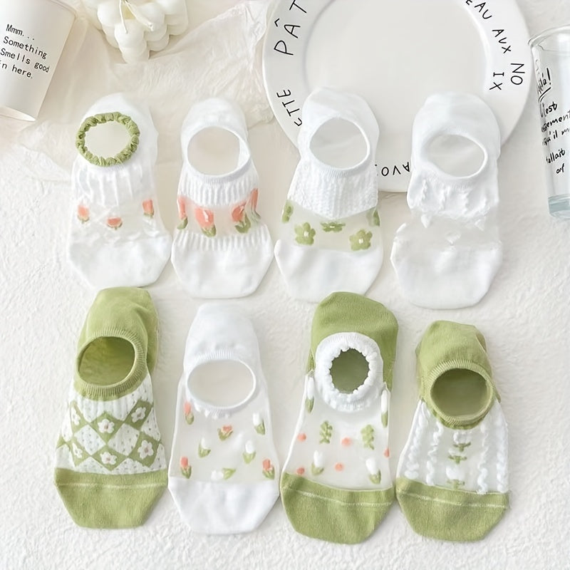 8 Pairs Floral Print & Mesh Ankle Socks Women's Stockings Hosiery
