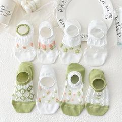 8 Pairs Floral Print & Mesh Ankle Socks Women's Stockings Hosiery