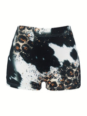 Letter & Leopard Print Skinny Shorts Casual Shorts For Spring & Summer