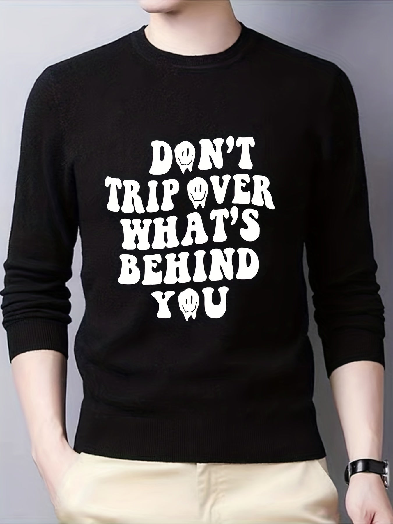 Funny Slogan Knitted Sweater Men's Casual Warm Crew Neck Pullover