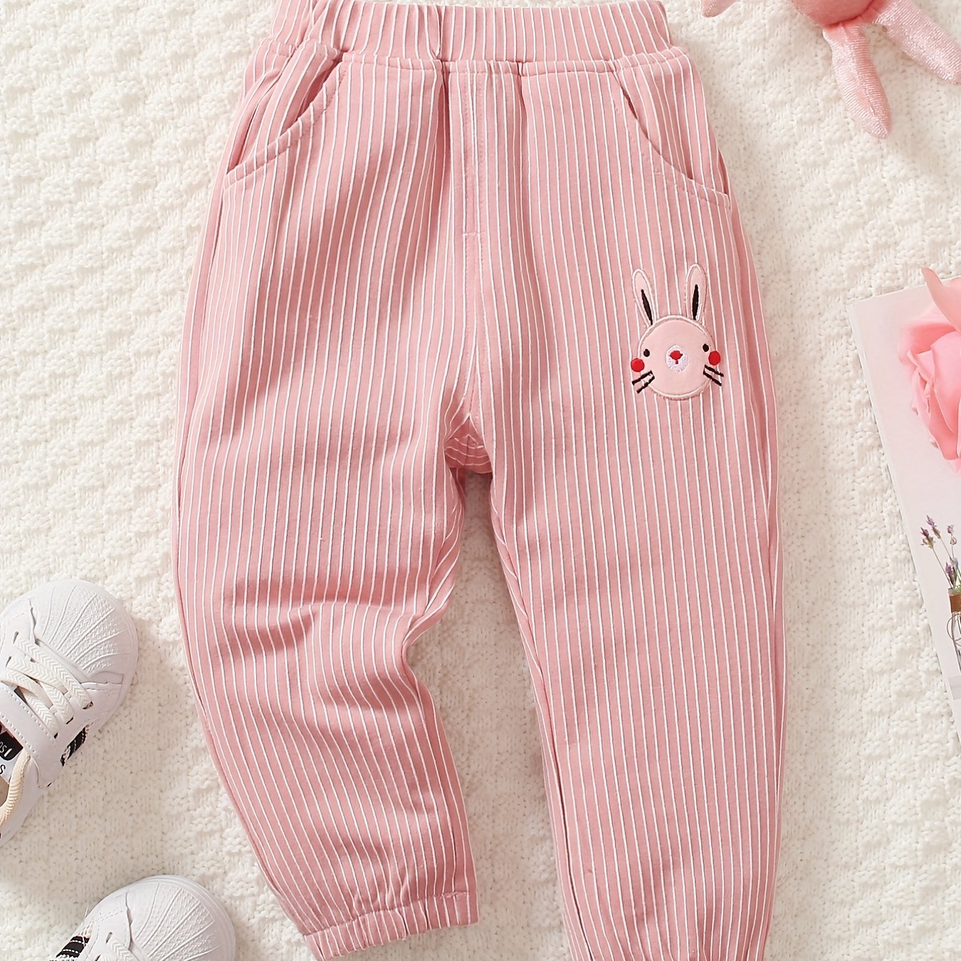 Girls Rabbit Patch Trousers with Stripes Embroidery for Casual Outfit