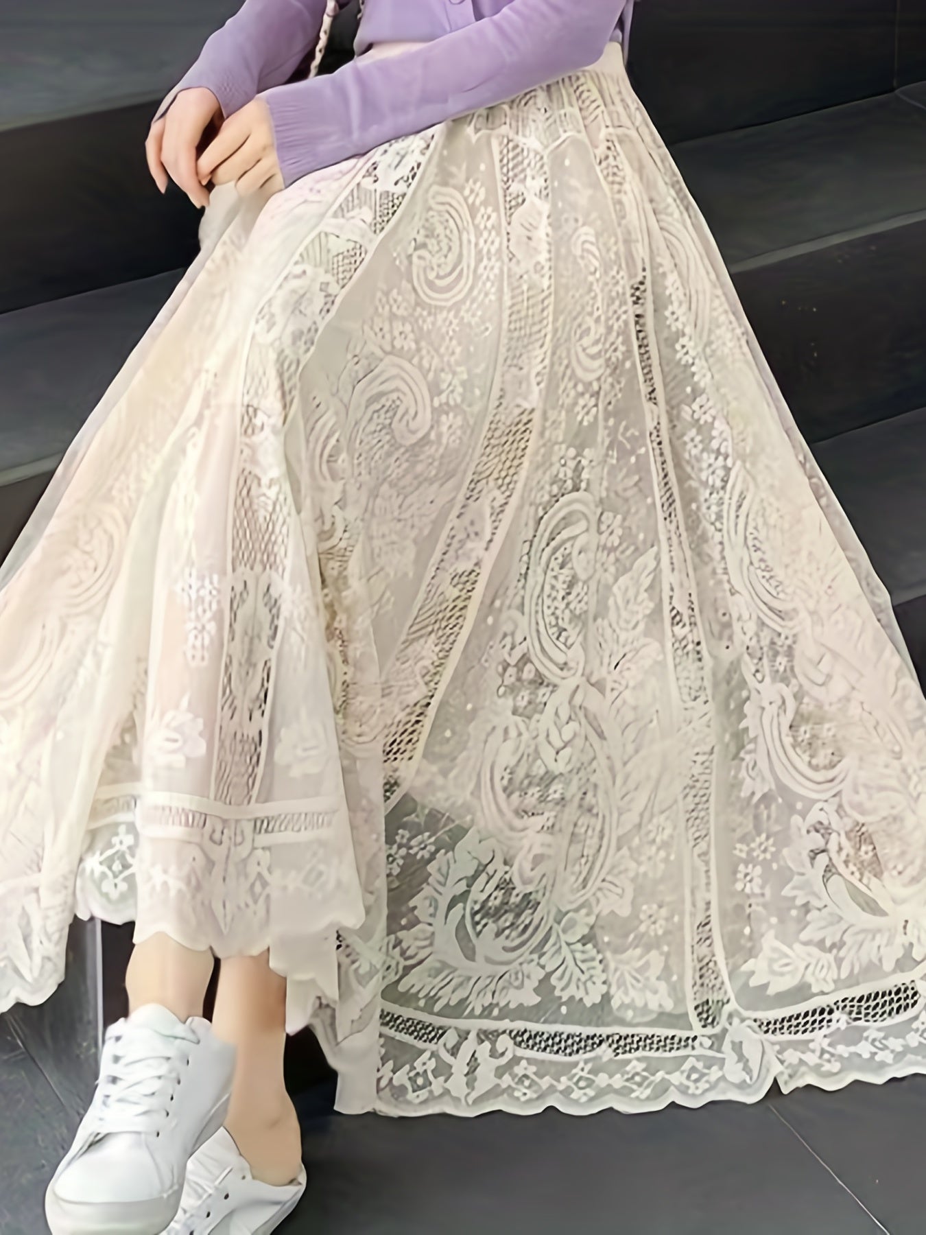 Lace Baroque Print Maxi Skirt - Solid Pleated Women's Clothing